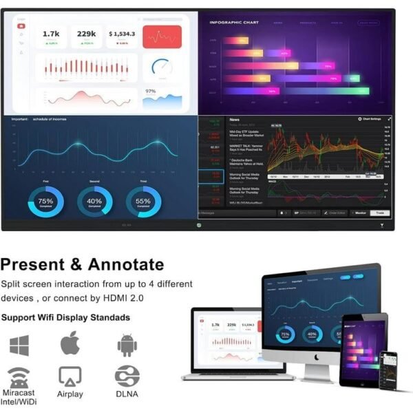 TIBURN HQ Board 75" R2 MAX, Smart Board 4K UHD Touch Screen All-in-One Computer for Office and Classroom with Android 13 and Windows 11 Pro & Open App Ecosystem - Image 3