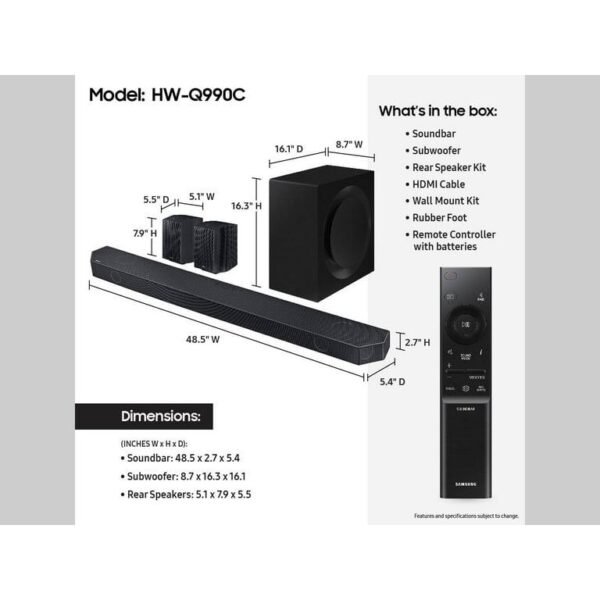 SAMSUNG Q-Series 11.1.4ch Wireless Dolby Atmos Soundbar + Rear Speakers w/ Q-Symphony HW-Q990C/ZA - Image 3