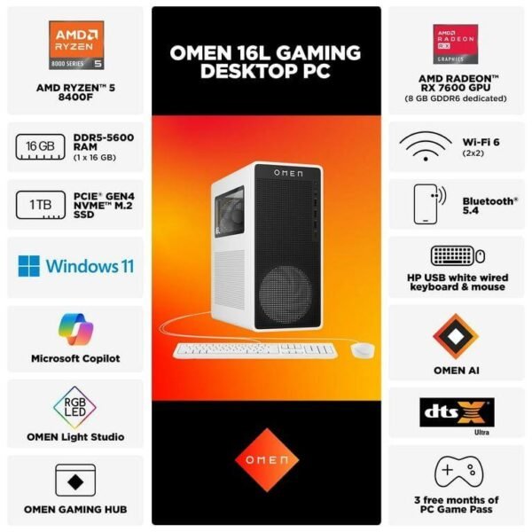 OMEN 16L Gaming Desktop PC AMD Ryzen 5 16GB RAM 1TB SSD RX 7600 Windows 11 Home - Image 2
