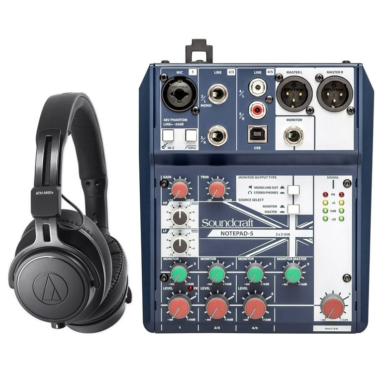Audio Technica ATH-M60X Studio Headphones+Soundcraft Mixer w/ USB Interface