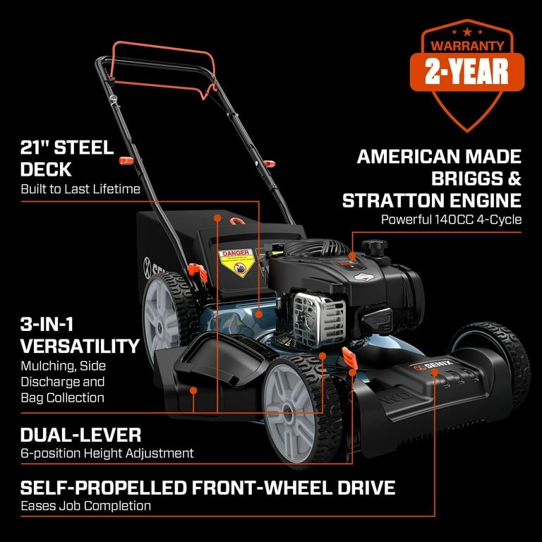 SENIX Self-Propelled Gas Lawn Mower, 21in Blade / 22in Deck, 140cc 4-Cycle Made in USA Briggs & Stratton Engine, 3-in-1, 6-Position Adjustment, 11in Rear Wheels, LSSG-M9 - Image 11
