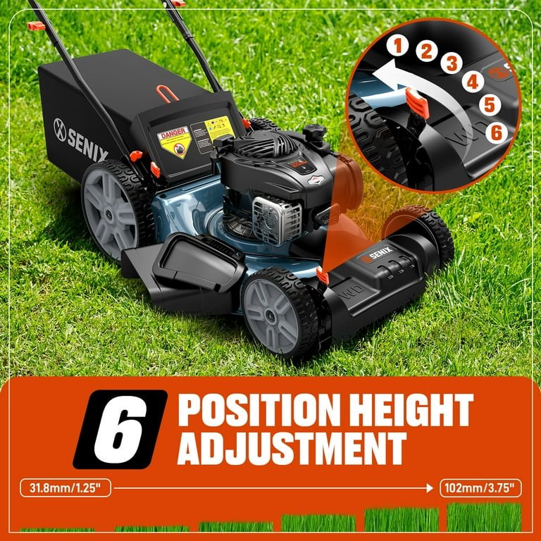 SENIX Self-Propelled Gas Lawn Mower, 21in Blade / 22in Deck, 140cc 4-Cycle Made in USA Briggs & Stratton Engine, 3-in-1, 6-Position Adjustment, 11in Rear Wheels, LSSG-M9 - Image 9
