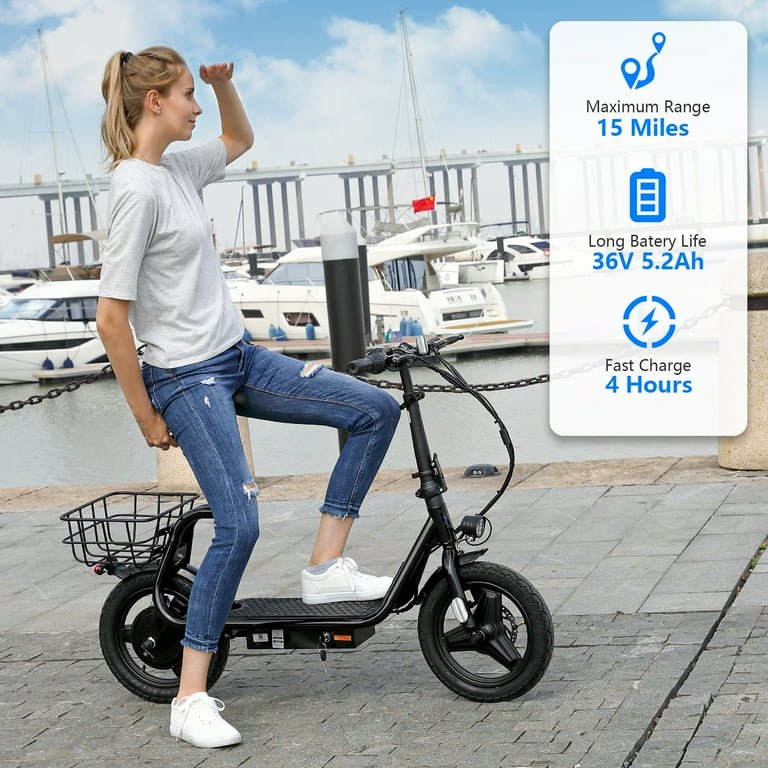 SANOPY 350W Electric Scooter with Seat for Adults, 15 Miles Range 20 Mph, 36V 5.2Ah Battery Moped, 14" Big Tire Commuter Electric Bike with Shock Absorbing, Black - Image 7
