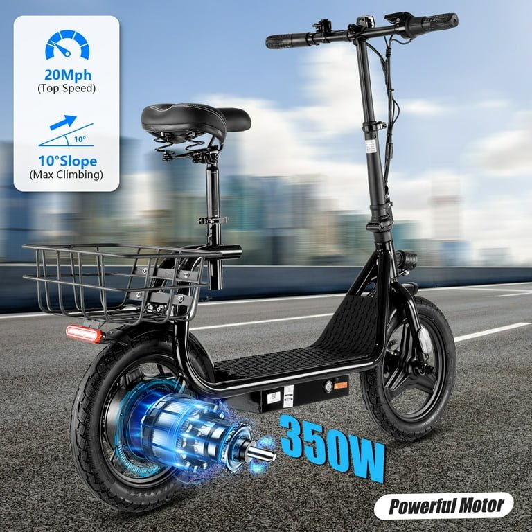 SANOPY 350W Electric Scooter with Seat for Adults, 15 Miles Range 20 Mph, 36V 5.2Ah Battery Moped, 14" Big Tire Commuter Electric Bike with Shock Absorbing, Black - Image 6