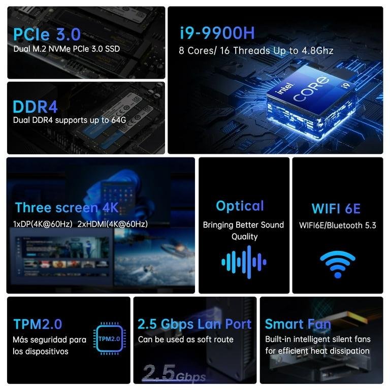 Mini PC i9, Kinupute Desktop Computer Core i9-9880H, TPM2.0, Windows 11 Pro, 32G DDR4, 1T PCIE3.0 NVME SSD, DP/HDMI/USB-C Port, 4K@60Hz, 2x2.5G RJ45 LAN, WiFi 6E/BT5.3, Support 4G Module, HTPC - Image 15