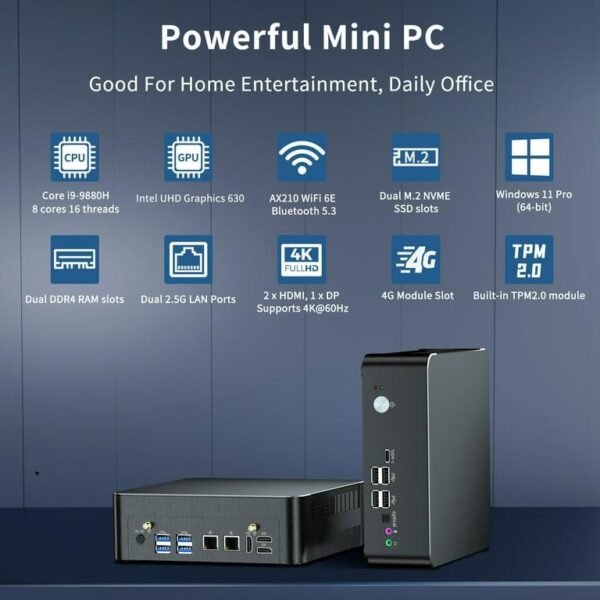 Mini PC i9, Kinupute Desktop Computer Core i9-9880H, TPM2.0, Windows 11 Pro, 32G DDR4, 1T PCIE3.0 NVME SSD, DP/HDMI/USB-C Port, 4K@60Hz, 2x2.5G RJ45 LAN, WiFi 6E/BT5.3, Support 4G Module, HTPC - Image 14