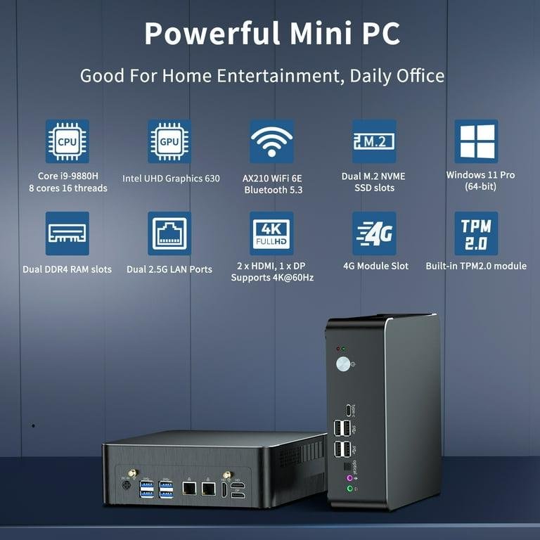Mini PC i9, Kinupute Desktop Computer Core i9-9880H, TPM2.0, Windows 11 Pro, 32G DDR4, 1T PCIE3.0 NVME SSD, DP/HDMI/USB-C Port, 4K@60Hz, 2x2.5G RJ45 LAN, WiFi 6E/BT5.3, Support 4G Module, HTPC - Image 14