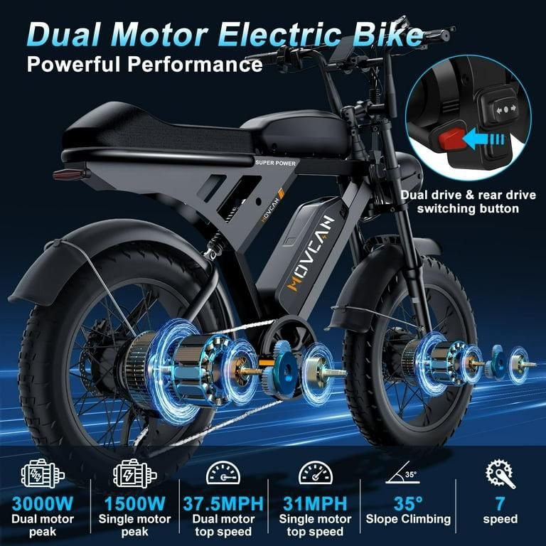 Movcan Dual Motor Dual Battery Electric Bike for Adults, 20" Fat Tire Electric Motorcycle Bike, Hydraulic Brakes 7-Speed 5-Layer Full Suspension UL2849 - Image 2